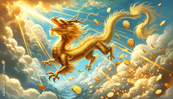 Fototapeta 金色のドラゴン、金運、壁紙　（AI生成イラスト）