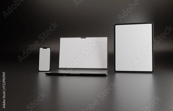 Obraz High end phone, tablet and laptop on black studio backdrop. Blank mockup template screen.	