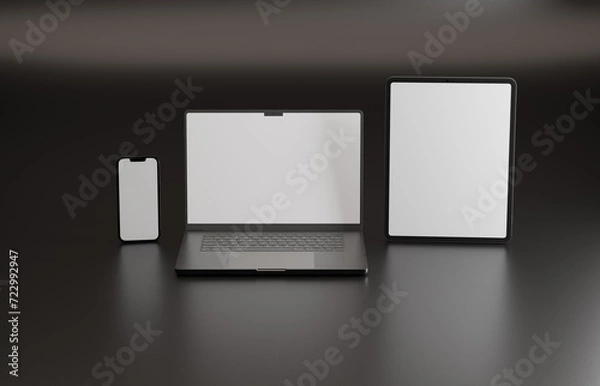 Fototapeta High end phone, tablet and laptop on black studio backdrop. Blank mockup template screen.	