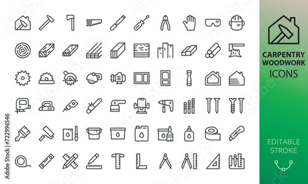 Fototapeta Carpentry and woodworking tools icon set. Joinery tools and materials vector icons wth editable stroke.