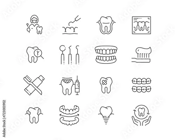 Fototapeta Dentistry and Teeth Icon collection containing 16 editable stroke icons. Perfect for logos, stats and infographics. Edit the thickness of the line in Adobe Illustrator (or any vector capable app).