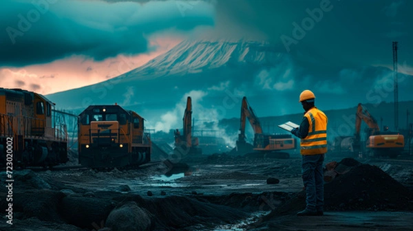 Fototapeta Industrial Horizon Supervisor in Africa. Engineer inspecting railway site at dusk with mountain backdrop.