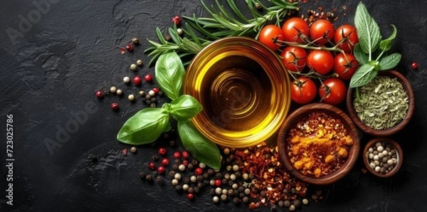 Fototapeta olive_oil_herbs_and_spices_on_a_kitchen
