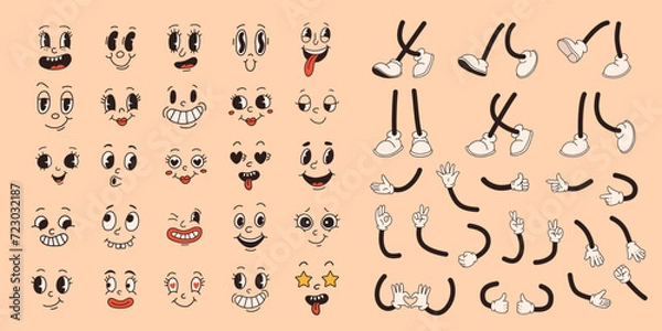Fototapeta Set of 70s groovy comic faces vector. Collection of cartoon character faces, leg, hand in different emotions happy, angry, sad, cheerful. Cute retro groovy hippie illustration for decorative, sticker.
