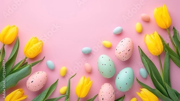 Obraz Vibrant Easter eggs separated against a soft pink backdrop featuring tulip blossoms.