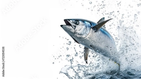 Obraz A tuna fish jumping out the water isolated on white background. AI generated image