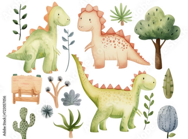 Fototapeta Collection of watercolor dinosaurs and plants, with a whimsical, child-friendly style.