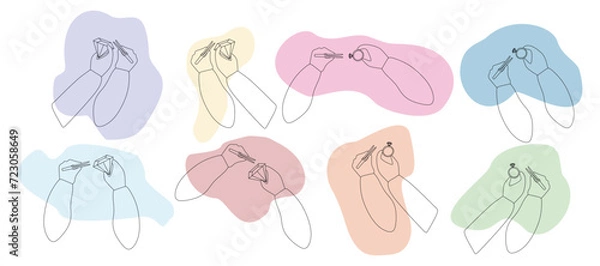 Fototapeta Set of Outline hands on Abstract color shapes with ring, Gemstone and Tweezers. Collection of Jeweler Arms Silhouette, Vector contour illustration. Jewelry making concept. Design art element.