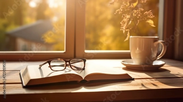 Fototapeta A Light colored books on a wooden table with a cup of coffee. reading glasses and a notebook and pen. Soft sunlight streams through the window. This creates a warm glow in the scene.
