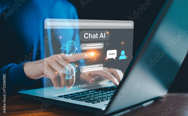 Fototapeta AI chatbot conversation using artificial intelligence technology smart robot AI, Generative AI, Answer, Businessman using AI to generate something, Customer support, laptop, assistant, Chat interface.