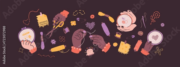 Obraz Vector cartoon set with sewing tools elements. Hands holding a needle and thread, hands with an embroidery hoop, hand holding scissors. Elements for advertising of hobby shops. Scandinavian style.