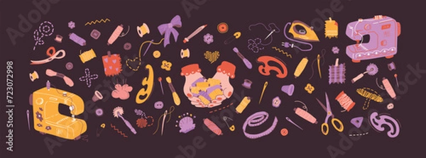 Obraz Big vector cartoon set of sewing tools elements on dark background. Threads, buttons, scissors, hands holding threads. For advertising design of hobby and creative goods stores. Scandinavian style.