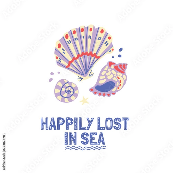 Fototapeta Vector hand drawn illustration. Starfish and shells with lettering. All elements are isolated. Cartoon drawing style. A set of elements for the design of postcards, covers, and T-shirts.