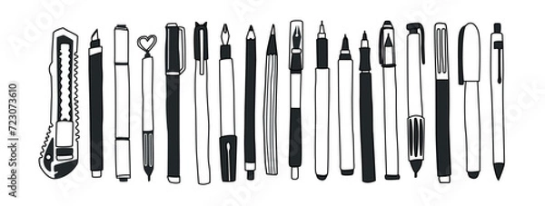 Fototapeta Big vector set of office supplies. Pens, pencils, stationery knife, liners, felt-tip pens. Set of isolated elements on a yellow background. Banner for school supplies store. Sketch hand drawn style.