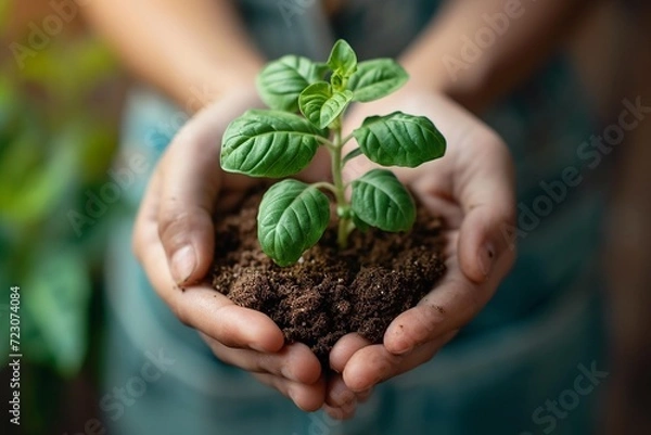 Fototapeta  close-up of hands holding a small potted plant .AI Generate