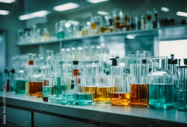 Fototapeta Assortment of laboratory glassware such as beakers, test tubes, and petri dishes, displayed on a sterile laboratory bench. Medical and laboratory concept