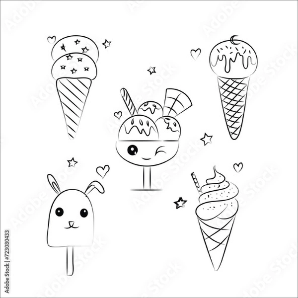 Fototapeta Hand drawn doodle with different ice cream types: waffle cone, cup ice cream, popsicle, sundae. Sketch style for cafe menu, card, birthday card decoration.