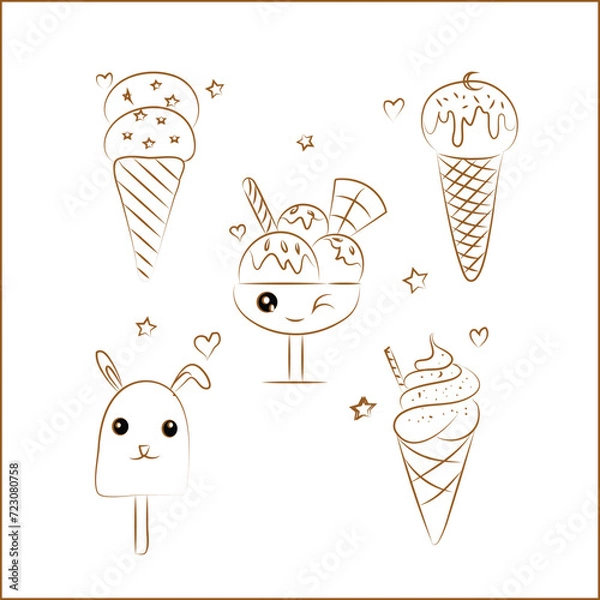 Fototapeta Ice cream set. Summer food, soft ice creamy balls of dessert in cup and waffle cone, hand drawn sketch of sweet chocolate and vanilla frozen sundae.