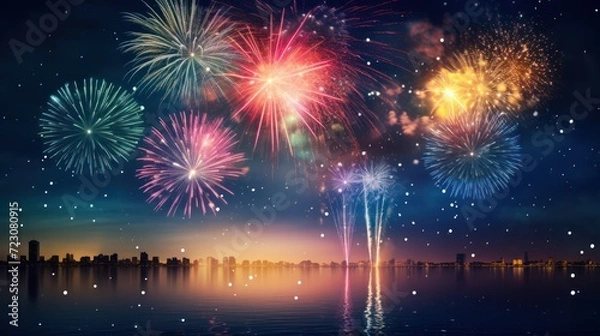 Fototapeta illustration - colorful fireworks in the night sky, bokeh blur background, out of focus city lights, background image.
