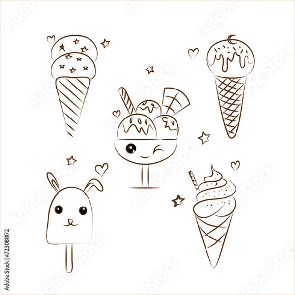 Fototapeta Ice cream . Collection of ice cream in a cup, in a waffle cone and popsicle in doodle style. 