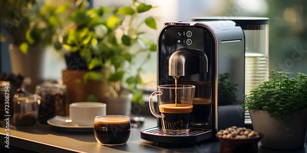 Fototapeta Coffee machine with cup on table in kitchen