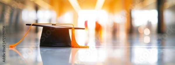 Fototapeta A close-up of a black academic graduation cap with a vibrant yellow tassel positioned to the side, set against a softly blurred background, symbolizing achievement and the completion of educational mi