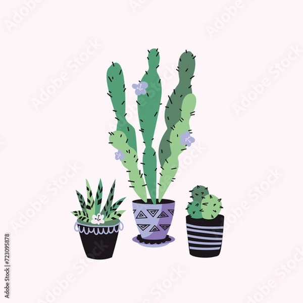 Obraz Vector set of house plants in pots. Cartoon hand drawn illustration style. Fun colors and ornaments. Set of isolated elements for the design of advertising banners, books, postcards.