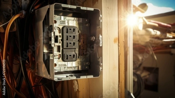 Obraz Electrical panel box open, electricity sockets and cables set up.