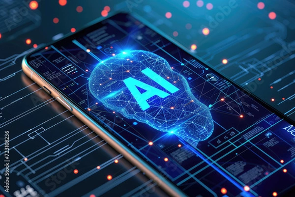 Fototapeta phone with AI computing brain, artificial intelligence