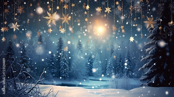 Fototapeta Beautiful winter Christmas glowing background with falling snowflakes, winter background