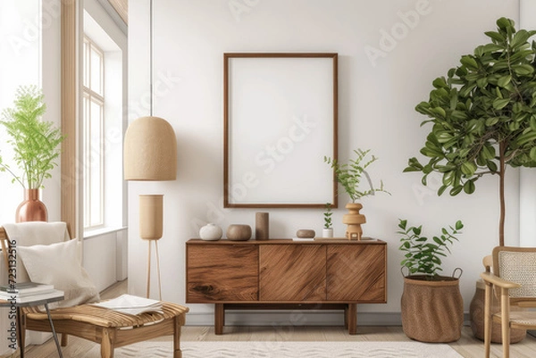 Fototapeta Frame mockup with ISO A paper size, showcasing a living room wall poster mockup against a modern interior design background, presented in a 3D render.