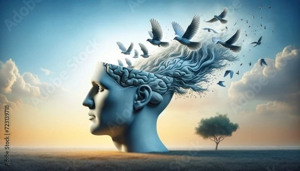 Fototapeta Birds taking flight from the open mind of a human profile, against a backdrop of a tranquil sunset and solitary tree, symbolizing the liberation of thoughts and ideas