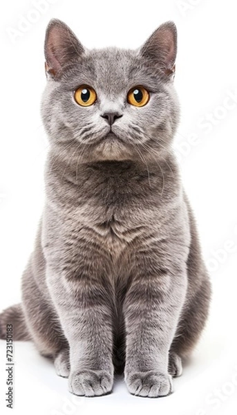 Fototapeta British Shorthair Cat blue color sit and look at front with white background. Generative AI