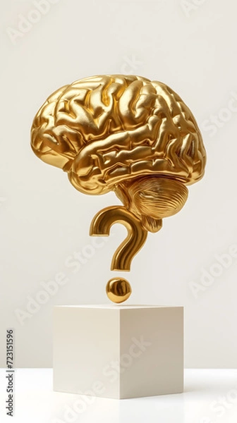 Fototapeta A gold brain sculpture with a gold question mark at the bottom, isolated on white background.