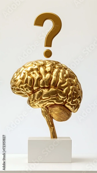 Fototapeta A gold brain sculpture with a gold question mark above it, isolated on white background.