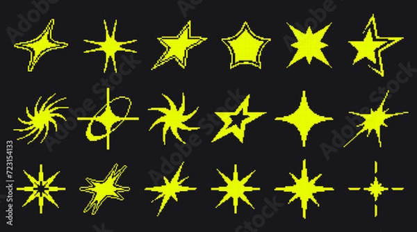 Fototapeta Set of pixel art star shapes in trendy retro style. Trendy Y2K vector signs for banners, social media, poster design. Brutalist geometric shapes. Retro futuristic icons in 8 bit style