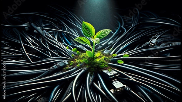Fototapeta Tech Growth: Plant Emerging from Computer Cables
