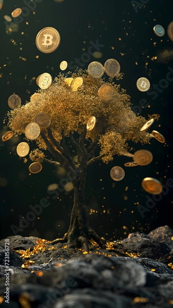 Fototapeta A tree with gold leaves is standing on rocks. Gold bitcoins are falling on the tree and on the rocks. Some coins are on the top of the tree. A few coins are floating in the air. The background is blac