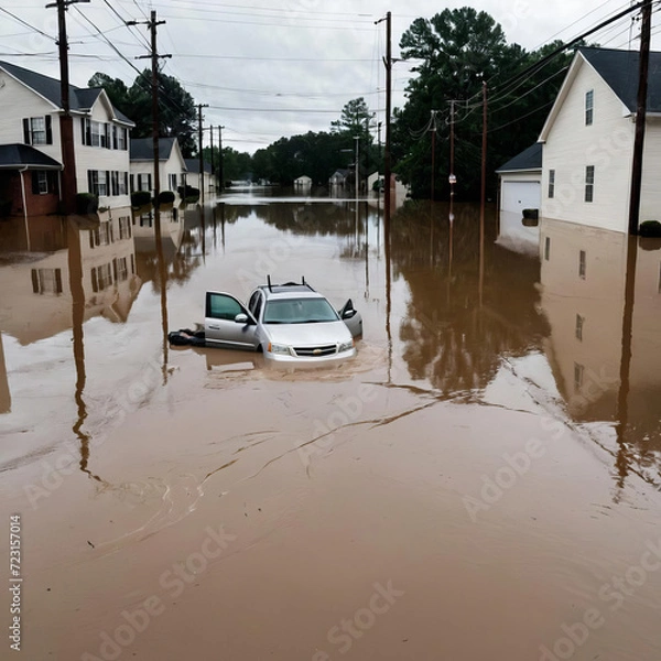 Fototapeta Urban Street View: Charlotte Submerged in Massive Flood - Debris, Rooftops, Submerged Vehicles, Power Lines, and Urban Wildlife Photography Gen AI