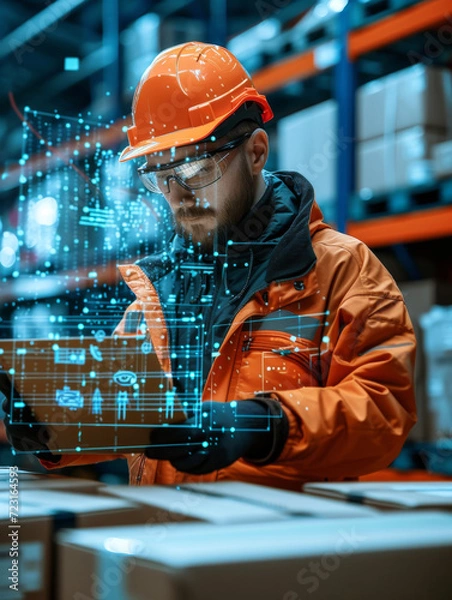 Fototapeta Warehouse Worker with Digital Inventory.
Worker with hard hat checking inventory on a digital tablet in a warehouse.