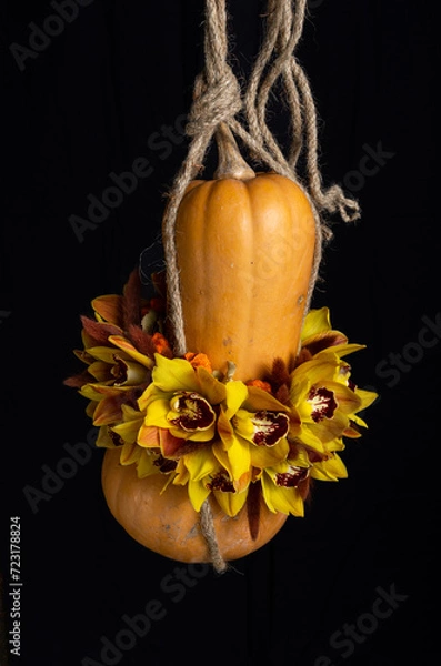 Fototapeta pumpkin hanging on rustic rope with decorative yellow orchids