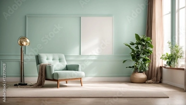 Fototapeta a room including a mint wall, an empty frame mockup, a wooden floor, and a modern white armchairInterior mockup of a bright room, empty space for mockup