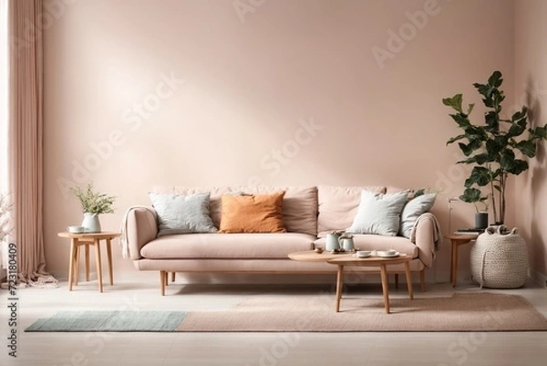 Obraz Scandinavian style interior with sofa and coffe table, Empty wall mock up in minimalist interior with pastel colors