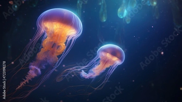 Fototapeta Two jellyfish swimming in the deep blue sea. The background is dark blue with a few bright lights shining on top. They have long, flowing tentacles.