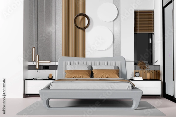 Fototapeta Beige bedroom interior with bed and frame mockup . 3d rendering