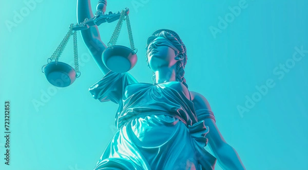 Fototapeta A striking representation of Lady Justice, draped in turquoise, stands with scales perfectly balanced, her blindfold symbolizing the impartiality of the law against a clear sky