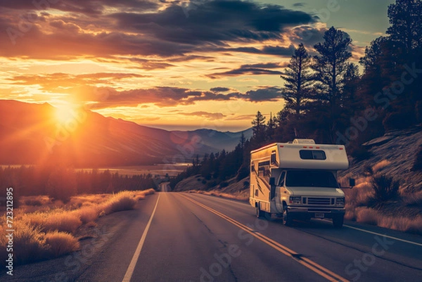 Fototapeta An RV journey at sunset, with the vehicle facing the diminishing sun on a tranquil mountain road, offering a sense of adventure and the beauty of the great outdoors