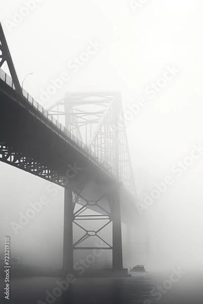 Obraz A bridge covered in fog on a misty day. Suitable for atmospheric and mysterious themes
