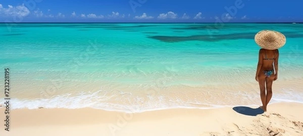 Fototapeta Stunning woman in swimsuit relaxing on sandy beach with blurred background, ideal for text placement