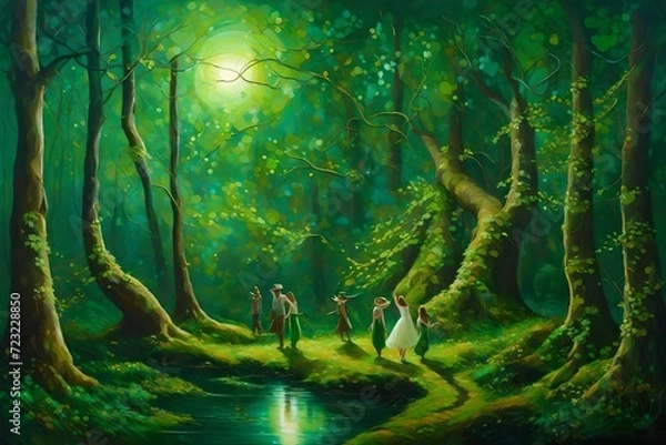 Fototapeta A magical St. Patrick's Day forest, shimmering green foliage, mythical creatures dancing in the moonlight